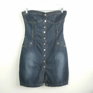 Abito Drama Gold Denim taglia 9/10 blu senza spalline metallo bottoni western boho vintage - Foto 1 di 10