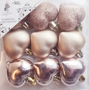 Christmas Tree Heart Baubles Hanging Decorations Glitter & Matt & shiny 9pc rose - Picture 1 of 4