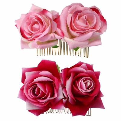 2pcs Women Rose Flower Comb Hairpin Hair Clips Brooch Wedding Bridal Accessories - Image 1 of 4