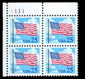 US Scott # 2278, Flag in Clouds, Plate Block of (4) 1988 25¢ Stamps, MNH - Picture 1 of 1