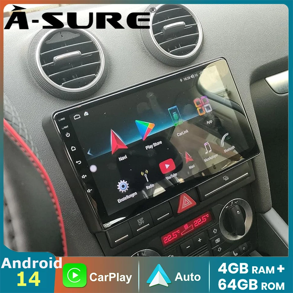 A-Sure Android 14 Autoradio CarPlay DAB Kam GPS Für Audi A3 S3 8P 8V 2003-2013