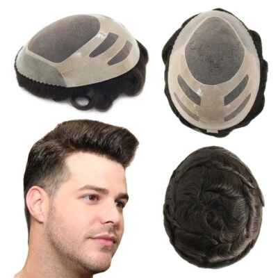 Mens Hairpiece Fine Mono Toupee Human Hair Replacement Systems Economy Shipping - Image 1 of 4