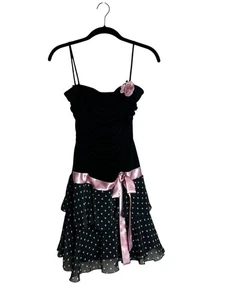 XOXO Vintage Ruched Ruffle Y2K Dress Mini Pink Bow Polka Dots Fairy HOCO Size M - Picture 1 of 7