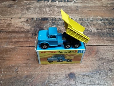 Matchbox Lesney Superfast SF 48 Dodge Dump Truck Blue & Yellow 4 SPOKE In Box  - Image 1 of 4