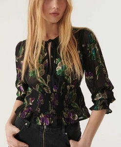 BA&SH Bluse 14 42 Puffärmel LUREX Blumen schwarz lila Glam Party Oberteil gerafft - Bild 1 von 16