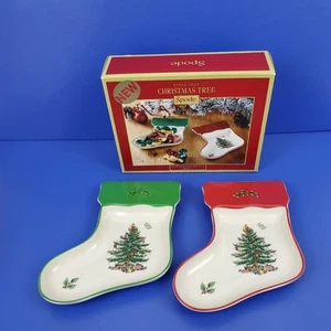 Set of 2 SPODE Christmas Tree Red & Green 7" Stocking Candy Nut Dishes NEW Open - Picture 1 of 24