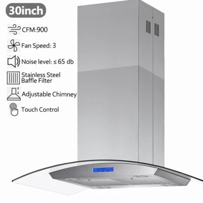 900 CFM Island Range Hood 30 inch Vent 3-Speed Touch Panel Tempered Glass New - Image 1 of 4