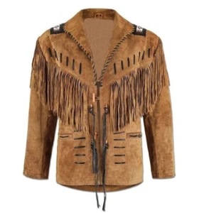 Men’s Western Suede Leather Jacket with Native American Fringes, Beads & Braid - Picture 1 of 3