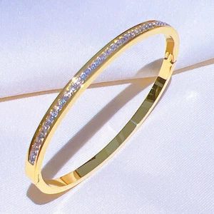 Woman Gold Plated Stainless Steel Starry Cubic Zircon Oval Bracelet Bangle - Picture 1 of 5