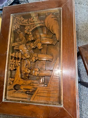 Juego de mesa vintage chino asiático tallado profundo marrón. Juego de madera tallada a mano vintage Foto 1 de 4