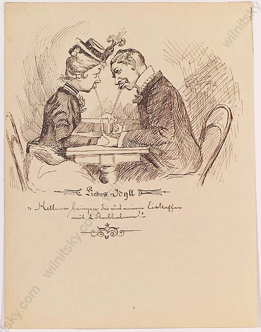 "A Love Idyll", Austrian Caricature, Late 19th Century, Ink Drawing - Image 1 of 1
