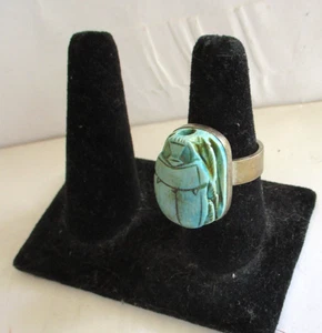 Antique Style Egyptian Scarab Ring Hand-Carved Turquoise Stone & Hieroglyphs s10 - Picture 1 of 5