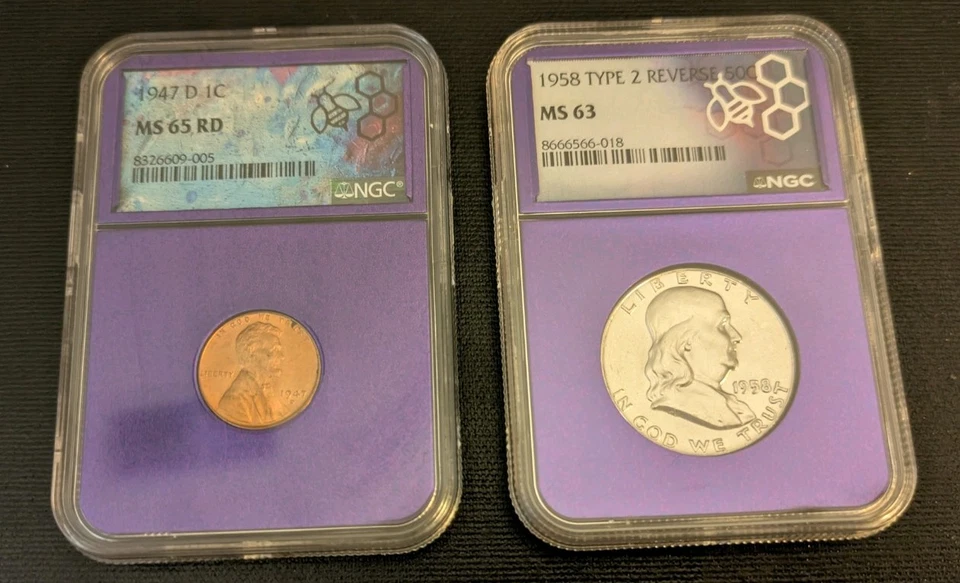 Lot of 2 : 1) 1958 T2 REV. Franklin Half $ MS63 + 1 -1947 D Lincoln 1¢ MS65 RD - Image 1 of 4