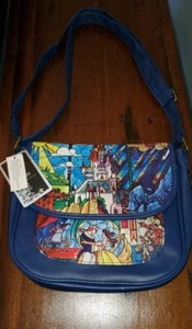 Disney Loungefly Beauty The Beast Purse Blue Stained Glass Print New Princess - Picture 1 of 12