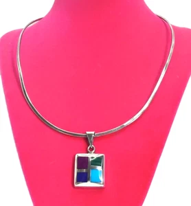 VTG Taxco Mexico Silver 925 Torc Collar Necklace Lapis Turquoise Inlay Pendant - Picture 1 of 20