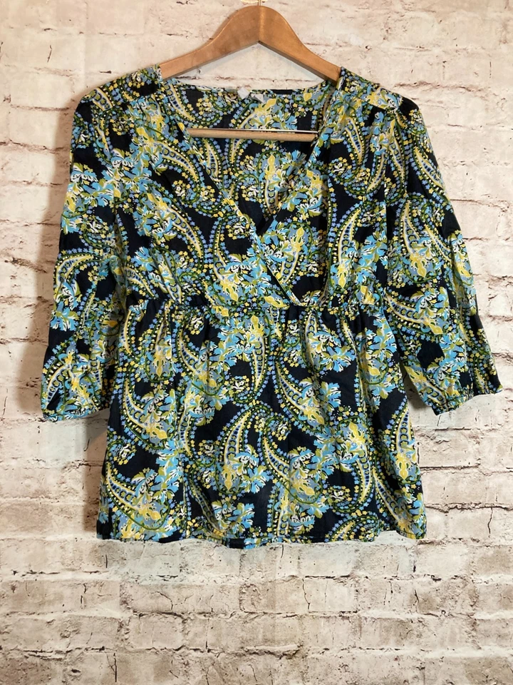 Top Babydoll Vintage Old Navy Mujer Grande Turquesa Paisley Manga Larga Algodón Foto 1 de 4