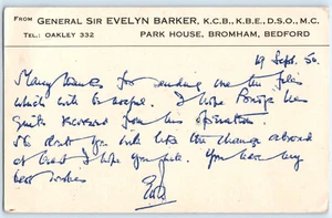 WWI & WWII British General Sir Evelyn Barker Signed & Written Postcard 1950 - Picture 1 of 2