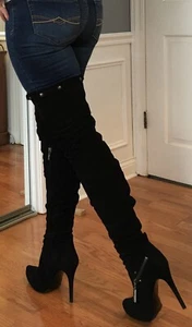 Report Signature Kane Thigh High Over The Knee Black Sexy Suede Studded Boots - Picture 1 of 12