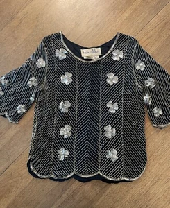 Swee Lo Montaldos Vtg Black Silver Silk Sequin & Beaded fancy leaf Top Size L - Picture 1 of 10