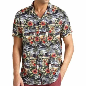 Guess Jeans Mens Hawaian Floral Print Short Sleeve Shirt - Black - Picture 1 of 3