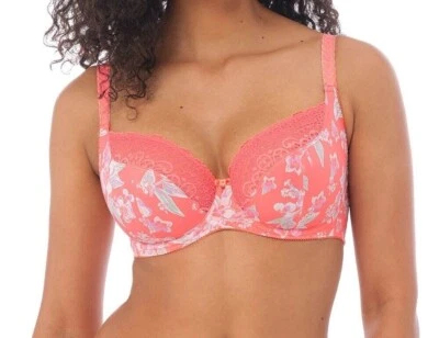 Freya Erin Plunge Bra Hot Coral Pink Floral Size 34E Underwired Unpadded 3231 - Image 1 of 4