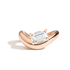 Diamond Ring IGI Lab Created Emerald Cut 1 Carat 18K Rose Gold Designer Band - Picture 1 of 7