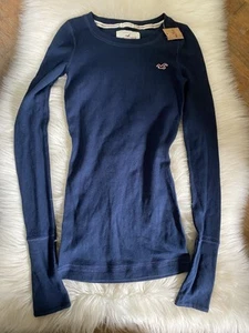 VTG Y2K Hollister Long Sleeve Navy Ribbed Top BELLA SWAN Elena Gilbert Prep XS - Picture 1 of 9