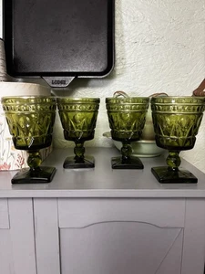 Vintage 4er Set Indiana Glas Mt Vernon Muster Avocado Grün Saft Kelche 4oz - Bild 1 von 9