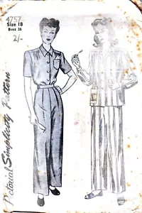 Simplicity 4757 rare 40s pattern women's pyjamas pants shirt size 18 bust 36" - Picture 1 of 2