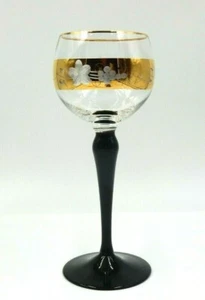 VINTAGE BLACK STEM CRYSTAL WINE GLASS WITH ETCHED & CUT GOLD BANDS - Picture 1 of 12