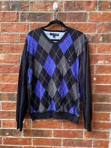 Tommy Hilfiger Para Hombres Grande Negro Azul Argyle Golf Polo Preppy Cuello en V Suéter - Imagen 1 de 8