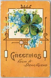 Tarjeta postal 1911 de trébol de cuatro hojas olvidame no saludos de un querido amigo - Imagen 1 de 2