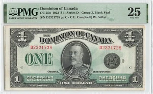 CANADA 1 Dollar 1923, BC-25n Black Seal, Extra Wide Left Margin, PMG 25 Orig VF - Picture 1 of 2