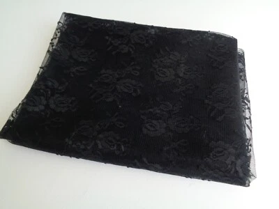 Black Lace Fabric Flowers On Mesh Scalloped Edge Lightweight 1 Yard Piece - Image 1 of 4