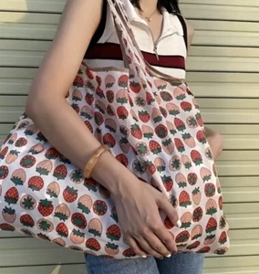 Large Eco Shopping Bag Storage Grocery Bag Reusable Folding Bag Strawberry Print - Picture 1 of 10