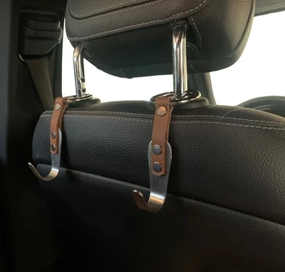 IQ LABS Car Headrest Hooks Premium Leather Stainless Steel Hook Hanger Purse Car Seat He