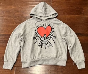 Keith Haring Gray Red Women's XL Graphic Art Dancing Heart Hoodie Sweatshirt - Picture 1 of 11