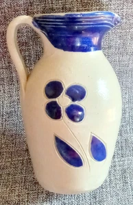 Vtg Williamsburg Pottery Salt Glaze Cobalt 4 Petal Flower Small Pitcher Creamer - Picture 1 of 11