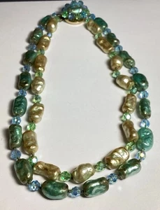 WUNDERSCHÖNER 16" SIGNIERTER VOGUE SCHMUCK COLLIER HALSKETTE VINTAGE GRÜN BLAU BEIGE KRISTALL - Bild 1 von 7