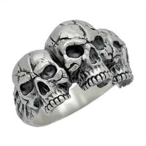 3 Skull Heads Band Ring Sterling Silver 925 Handmade Memento Mori Mens Biker  - Picture 1 of 12