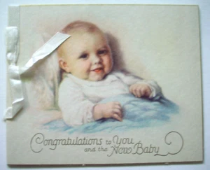 New Baby real ribbon 30's? unsigned vintage greeting card *TT5 - Picture 1 of 3