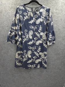 ECI Shift Dress Womens 2 Embroidered Knee Length Blue Chambray 3/4 Bell Sleeve - Picture 1 of 16