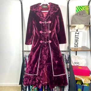 VINTAGE Garfinckel’s Washington Burgundy Faux Fur Long Coat - Picture 1 of 15