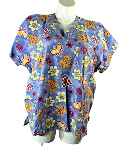 J I J Brand SCRUB TOP Size 2X Hearts Flowers Teddy Bears Print Blue Short sleeve - Picture 1 of 6