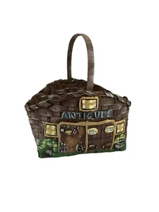 Handled Basket Hand Sponge Painted Decorated 3D Folk Art Antiques Market Brown - Picture 1 of 10