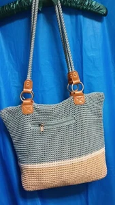 CROFT & BARROW CROCHETED HANDBAG~blue, white, tan bloc~medium shoulder bag - Picture 1 of 12