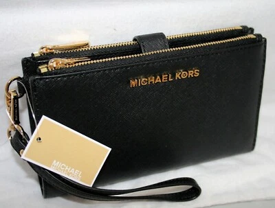 New Michael Kors Black Leather Gold Double Zip Wallet Wristlet  - Image 1 of 4