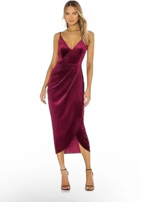 Vestido YUMI KIM Felicity Sin Mangas Cuello en V Midi Falda Tulipán Vino Terciopelo XS Baile de graduación Foto 1 de 4