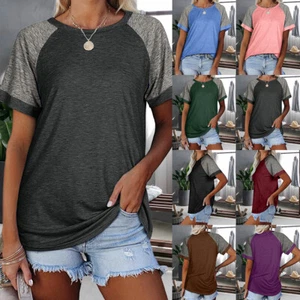 Womens Summer Loose T-Shirt Ladies Short Sleeve Casual Colour Block Tops Blouse - Picture 1 of 26