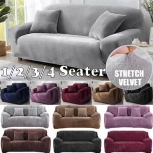 VELVET Elastic STRETCH SOFA COVERS Settee Slipcover Protector 1/2/3/4Seater UK - Picture 1 of 65